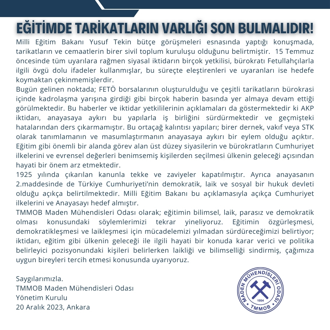 EĞİTİMDE TARİKATLARIN VARLIĞI SON BULMALIDIR!