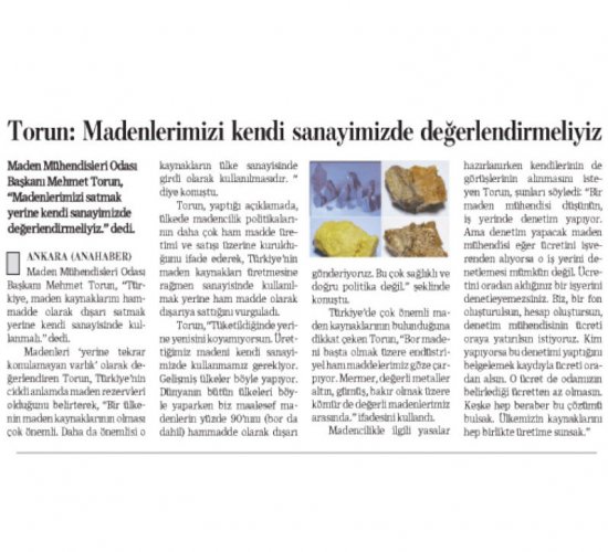 TORUN: Madenlerimizi kendi sanayimizde değerlendirmeliyiz.