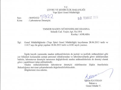 ÇEVRE VE ŞEHİRCİLİK BAKANLIĞINDAN GELEN YAZI