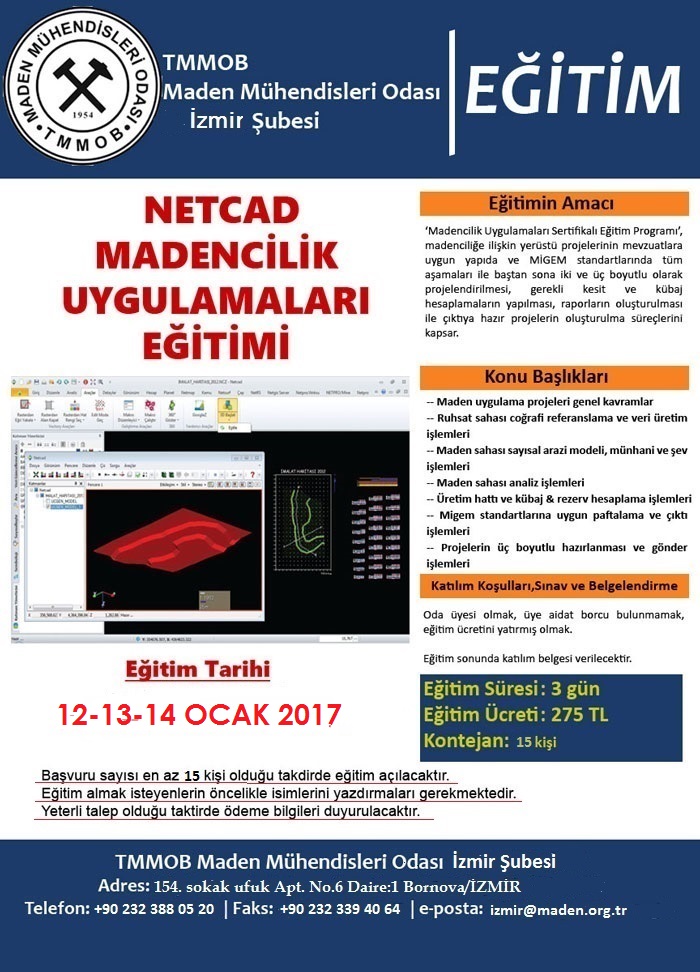İZMİR‘ DE 2 VE 3 BOYUTLU NETCADKAMPÜS MADENCİLİK UYGULAMALARI SERTİFİKA EĞİTİMİ PROGRAMI DÜZENLENECEKTİR.
