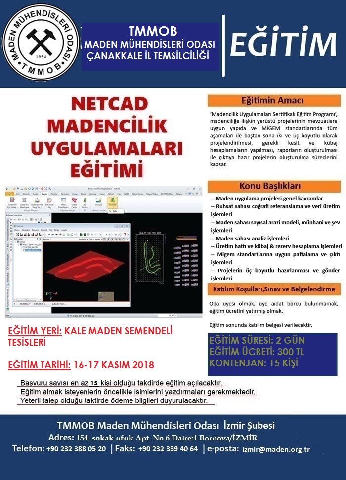 ÇANAKKALE İLİNDE  NETCAD MADENCİLİK UYGULAMALARI EĞİTİMİ YAPILACAKTIR