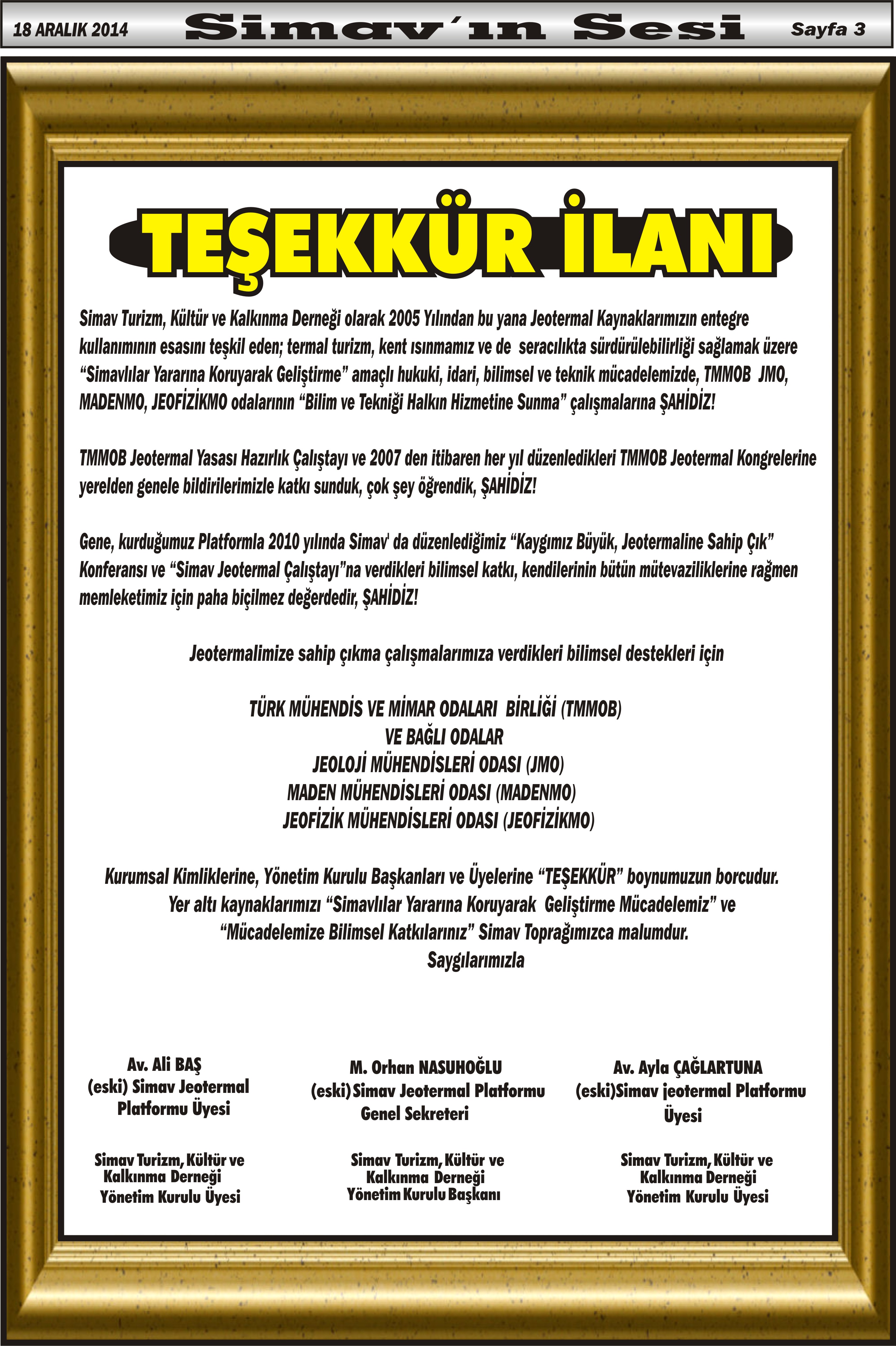 Teşekkür İlanı